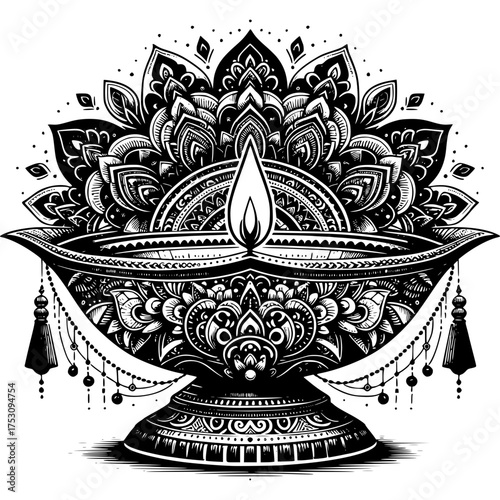 Intricate Lamp with Flame: A beautifully detailed drawing of a traditional oil lamp, with a flickering flame, showcasing the rich artistic tradition.