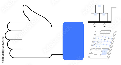 Large thumbs-up hand, logistics cart with stacked boxes, and performance chart clipboard. Ideal for feedback, delivery, success, efficiency, monitoring data analysis logistics. Clean flat metaphor