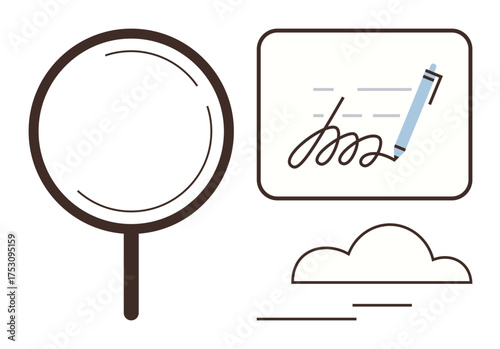 Magnifying glass, handwritten signature on paper, and cloud. Ideal for data security, verification, e-signature, document analysis, cloud storage technology auditing. Simple flat metaphor