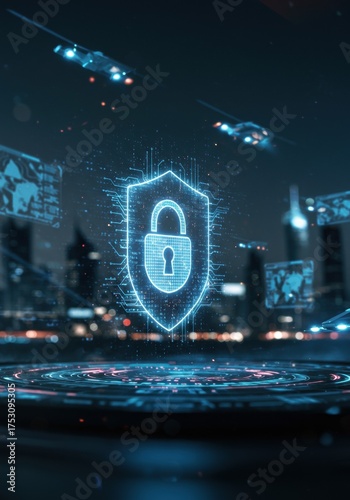 Digital Cyber Security Shield With Padlock Icon Over Cityscape at Night with Futuristic Technology Elements