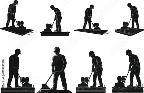 Construction worker silhouettes, plate compactor operation, soil and asphalt compression, safety gear, realistic postures, civil engineering, roadwork, foundation preparation, vector illustration