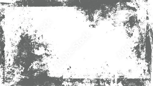 A gray distressed grunge frame with a rough texture and scattered splatters on a white background.