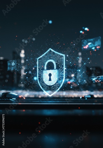 Digital Shield With Padlock Symbol Over Blurred Cityscape At Night With Red And Blue Lights