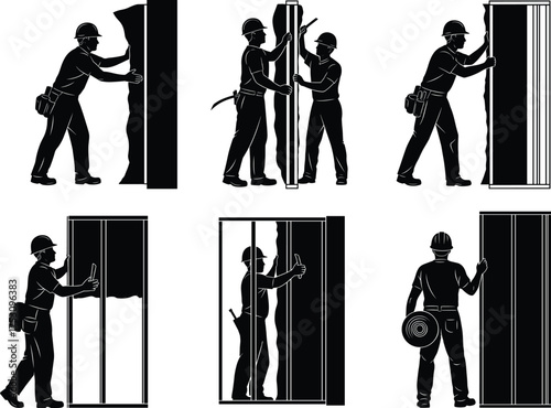 Construction worker, drywall installation, wall panel setup, building site, laborer action, industrial job, safety gear, teamwork, renovation, home improvement, vector illustration
