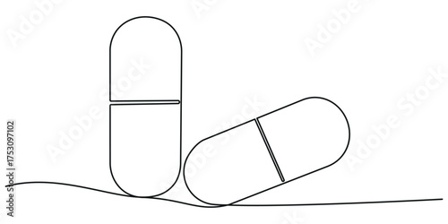 Continuous one line capsule tablets line art vector illustration, One continuous line drawing of pills medicine . Single line of pills medicine vector illustration.