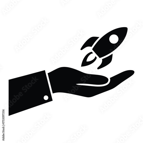 Hand holding a rocket ship icon symbolizing startup growth
