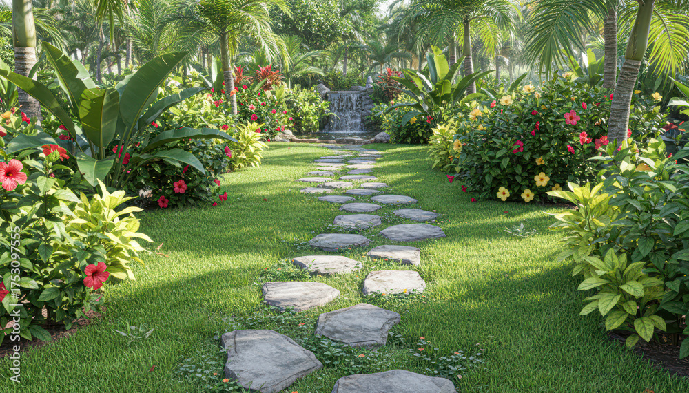Fototapeta premium A serene garden pathway adorned with vibrant flowers and lush greenery, leading to a tranquil waterfall, inviting relaxation and peace.