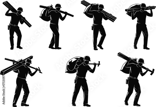 Construction workers silhouette, carrying beams and bags, hard hats, manual labor, industrial workforce, vector illustration, black figures, physical effort, job site