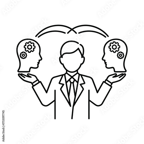 Business man balances two heads with gears symbolizing thought and ideas