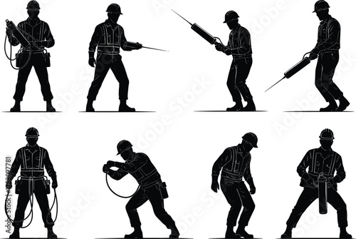 Construction workers silhouette, caulking gun usage, industrial labor poses, safety helmet, manual work, vector illustration, black figures, building maintenance, toolkit action