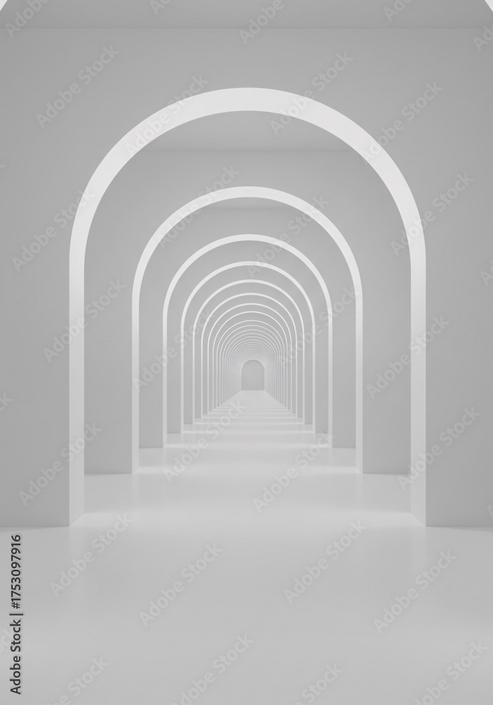 Fototapeta premium Minimalist white architectural corridor with repeating arches leading to a vanishing point perspective