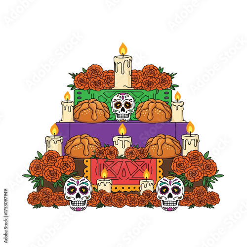 Digital illustration of a colorful multi-tiered ofrenda with sugar skulls, marigolds, and candles on a white background, symbolizing Day of the Dead.