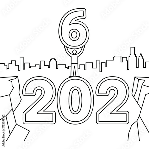 Person holds up number six above year 2020 cityscape