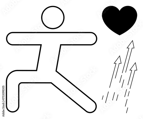 Stick figure performs a yoga pose. Heart suggests health and self-care. Upward arrows imply growth, energy, and positivity. Ideal for wellness, fitness, personal growth, mindfulness health mental