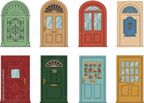Collection of colorful vintage wooden doors with decorative glass windows and classic architectural design in flat vector illustration style
