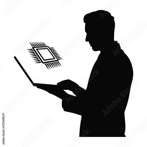 Silhouette of a person using a laptop with a computer chip graphic