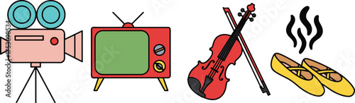 Art icons, film camera, retro television, violin, ballet shoes, entertainment symbols, music tools, dance elements, creative media, performance gear