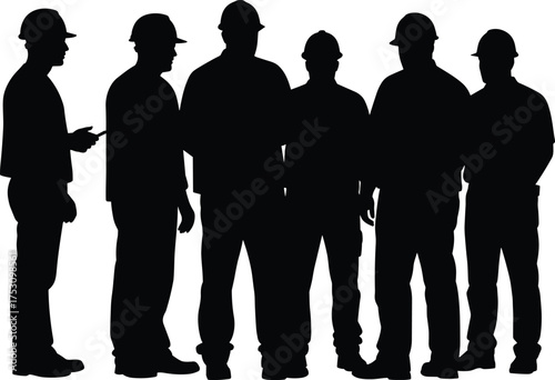Construction workers silhouette, teamwork, industrial labor, safety helmet, group coordination, job site crew, occupational safety, vector illustration, black outline, workforce unity