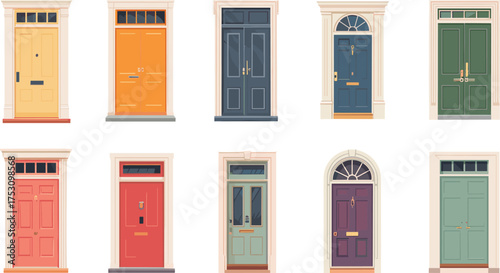 Collection of colorful vintage wooden doors with decorative glass windows and classic architectural design in flat vector illustration style