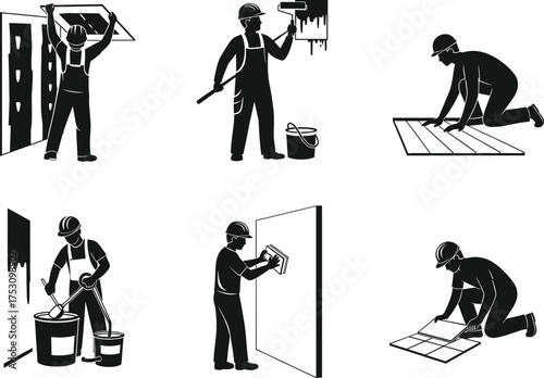 Construction workers vector set, renovation professionals in action, home improvement tasks, plastering, flooring, painting, tiling, window installation, interior finishing illustration
