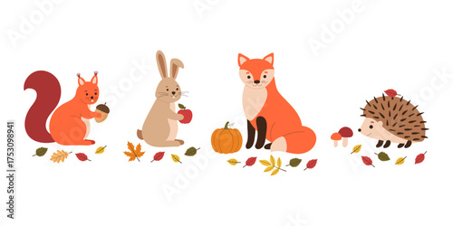 Cute autumn fox, squirrel, hedgehog and hare sitting with fallen leaves. Cute cartoon vector characters set illustration