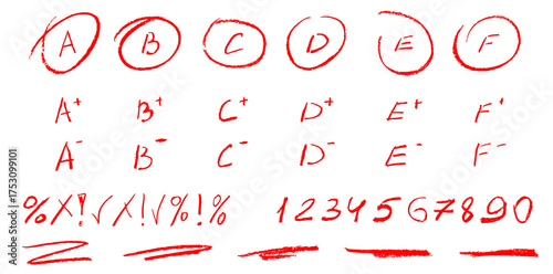Red crayon grade and check mark. Handwriting score in circle, scribble line and number for student exam in school. Brush painting with homework grading, cross and c letter isolated illustration.