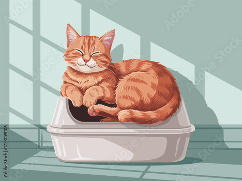 Happy Orange Cat Relaxing in a Litter Box with Sunlight and Shadows