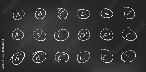 White chalk grade to check handwriting homework or exam. Crayon sketch icon with kids grading and underline scribble for teacher. Black board math concept with isolated sign set. Marker brush painting
