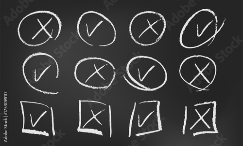 Chalk check and cross mark icon on black board. Pencil tick sign for correct list. Right and wrong hand draw scribble for checkbox paint. Grunge vote square or note vector. V or cancel symbol.