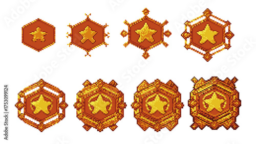 Pixel medal for ui game icon. Gold insignia and rank set. Fantasy reward badge for military achievement design. Casino rating element for app. Golden winner award as bonus. Medieval win emblem kit.