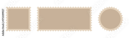 Post stamp frame. Postal paper edge for mail sticker template. Blank vintage perforated label with jagged border design mockup. Retro travel envelope mark icon isolated illustration graphic set.