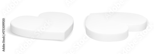 3d heart product podium. Valentine day display white stand for studio room. Realistic floating platform set. Minimal empty showcase presentation banner. Abstract cute and modern cosmetic show base.
