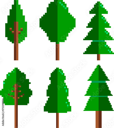 Pixel art trees icons isolated on white background. Vector illustration