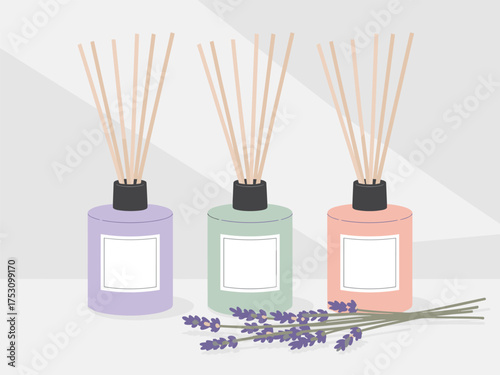 Aromatic reed diffusers with lavender sprigs for home fragrance and relaxation