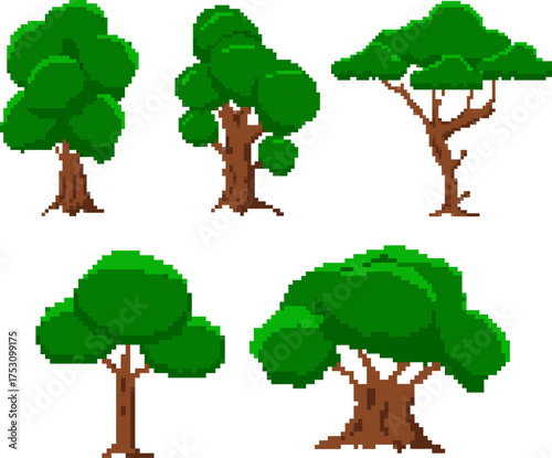 Pixel art trees icons isolated on white background. Vector illustration