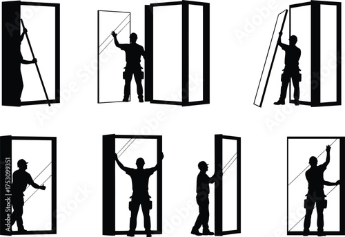 Glass installer silhouette, window fitting worker, construction labor, glass panel handling, professional glazier, home renovation, vector illustration, black figure, tool belt