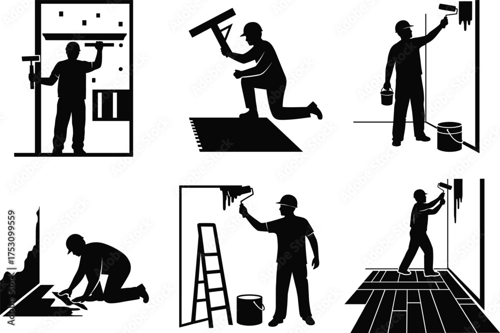 Obraz premium Home renovation worker silhouettes, painting, plastering, tiling, construction tasks, DIY interior improvement, vector illustration, black and white, editable, commercial use