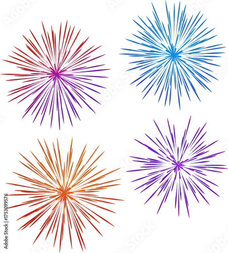 A collection of four colorful, stylized firework bursts exploding against a clean white background.