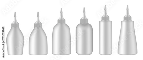 Set of squeeze bottles. White bottle with tip cap. Dispensing cap. Colorful hair dye.