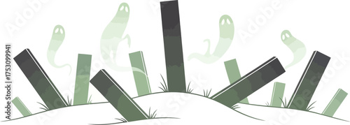 A minimalist illustration of a haunted cemetery with translucent ghosts floating above tombstones.