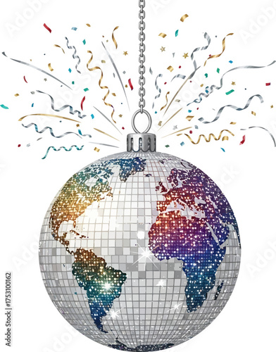 A sparkling disco ball in the shape of planet Earth with rainbow continents and exploding confetti.