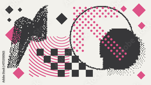 Universal Trendy Geometric Shapes Set With Vector Bitmap Dithering Texture.