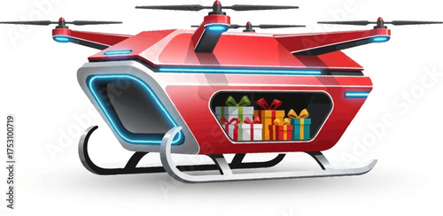 A futuristic red drone designed like a Christmas sleigh delivering a cargo of colorful, wrapped presents on a white background.
