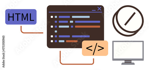 Coding interface with lines of code, HTML label, development tag, desktop screen, and debugging icon. Ideal for coding, programming, development web design debugging software technology. Simple