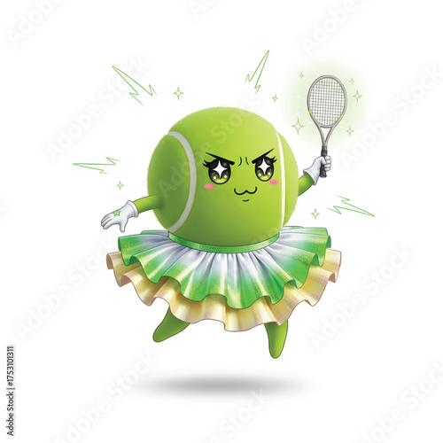 Cute and energetic cartoon tennis ball character with a playful expression, holding a tennis racket and wearing a tutu