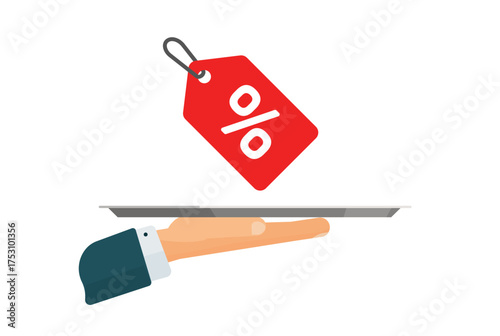 Giving sale discount special offer tag icon vector graphic flat cartoon illustration, hand with promotion tag service image clip art modern design