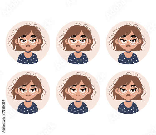 Six circular portraits of a young girl with brown hair and glasses, showing a grumpy or annoyed expression.