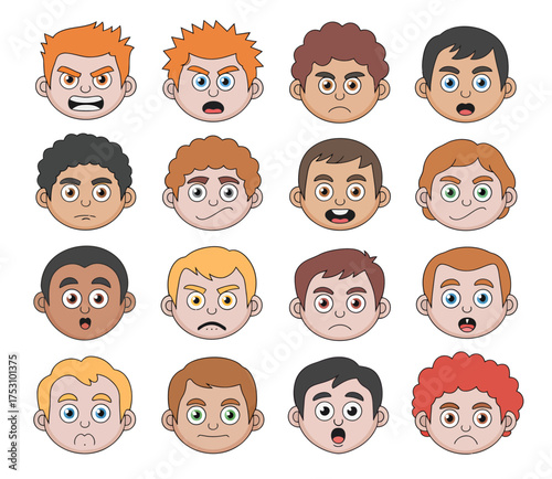 Cartoon illustrations of various male faces expressing different emotions, showing diverse expressions.