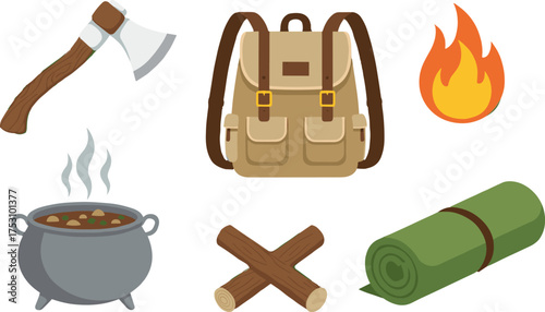 Camping gear, survival tools, outdoor equipment, axe, backpack, fire icon, cauldron, sleeping mat, campfire logs, adventure essentials, wilderness kit