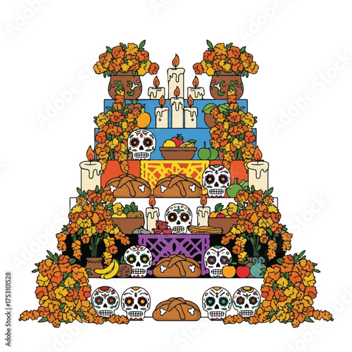 Vibrant ofrenda altar with sugar skulls, marigolds, and traditional Mexican offerings on a white background, conveying a festive and cultural mood with warm, autumnal tones.